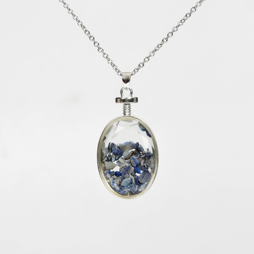 Crystal Chips In Oval Glass Pendant Necklace